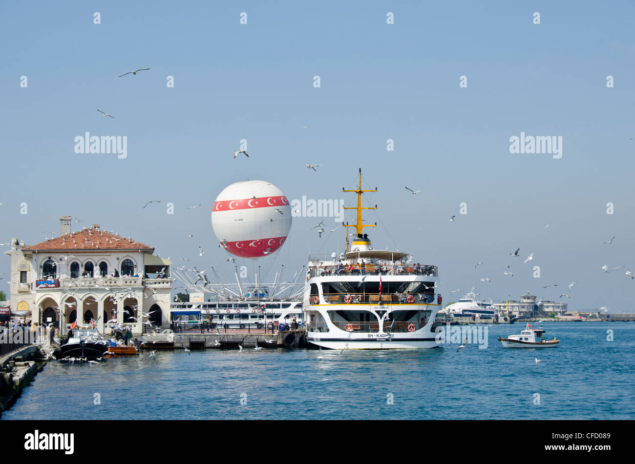 Ferry and sightseeing balloon, Kadiköy, Asian side of Bosphorus, Istanbul, Turkey Stock Photo
