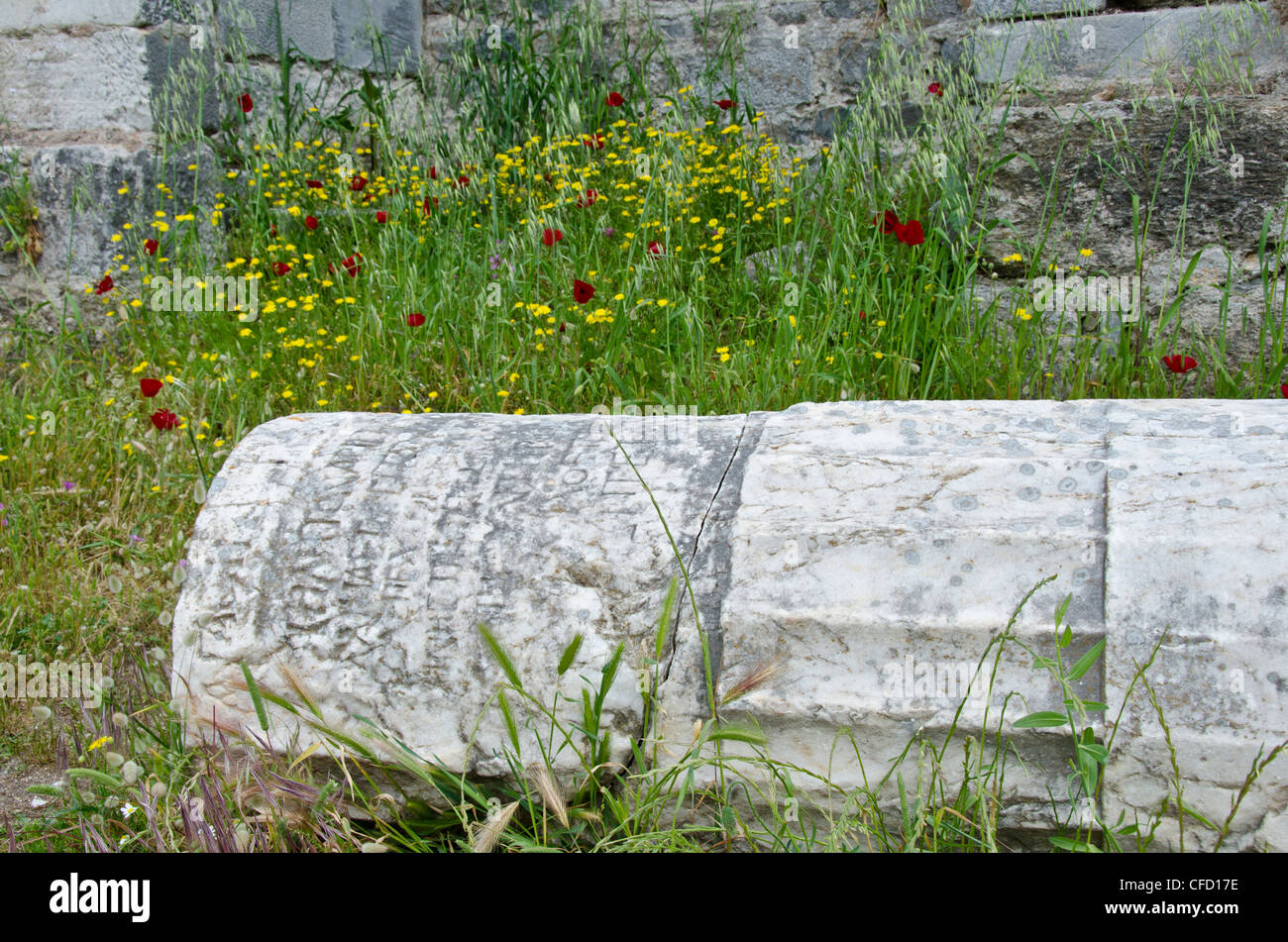 Old column with greek script, Miletus, an ancient Greek city on the western coast of Anatolia, Turkey Stock Photo
