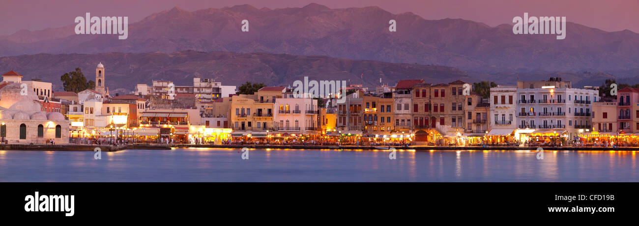 Harbour at dusk and White Mountains, Chania, Crete, Greek Islands, Greece, Europe Stock Photo