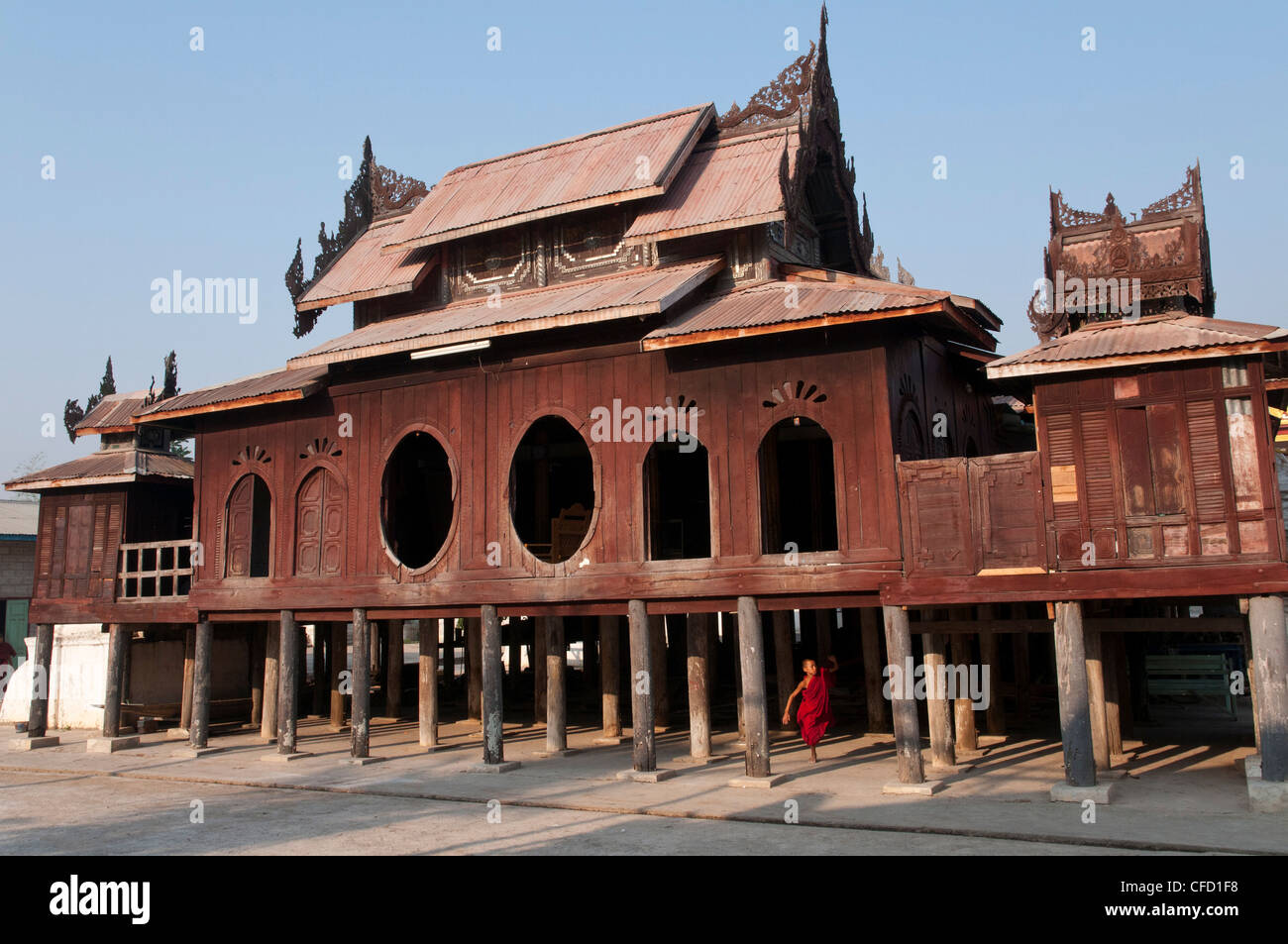 Venerable wooden Thein (consecration hall) with unique oval windows, Nyaungshwe, Shan State, Myanmar, Asia Stock Photo