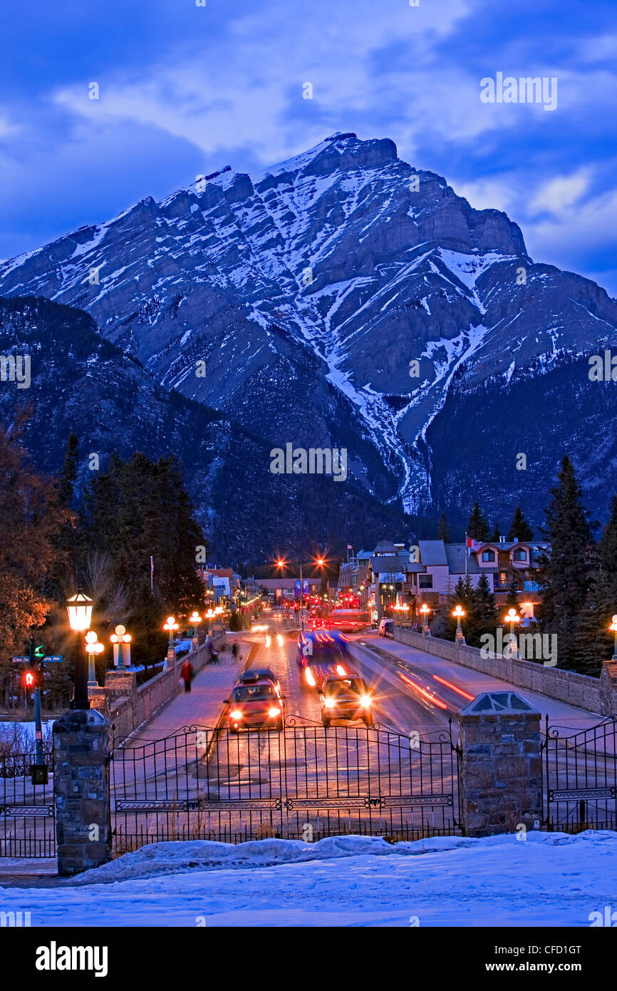 Banff Avenue at night with Cascade Mountain (2998 metres/9836 feet) Canadian Rocky Mountains, Alberta, Canada. Stock Photo