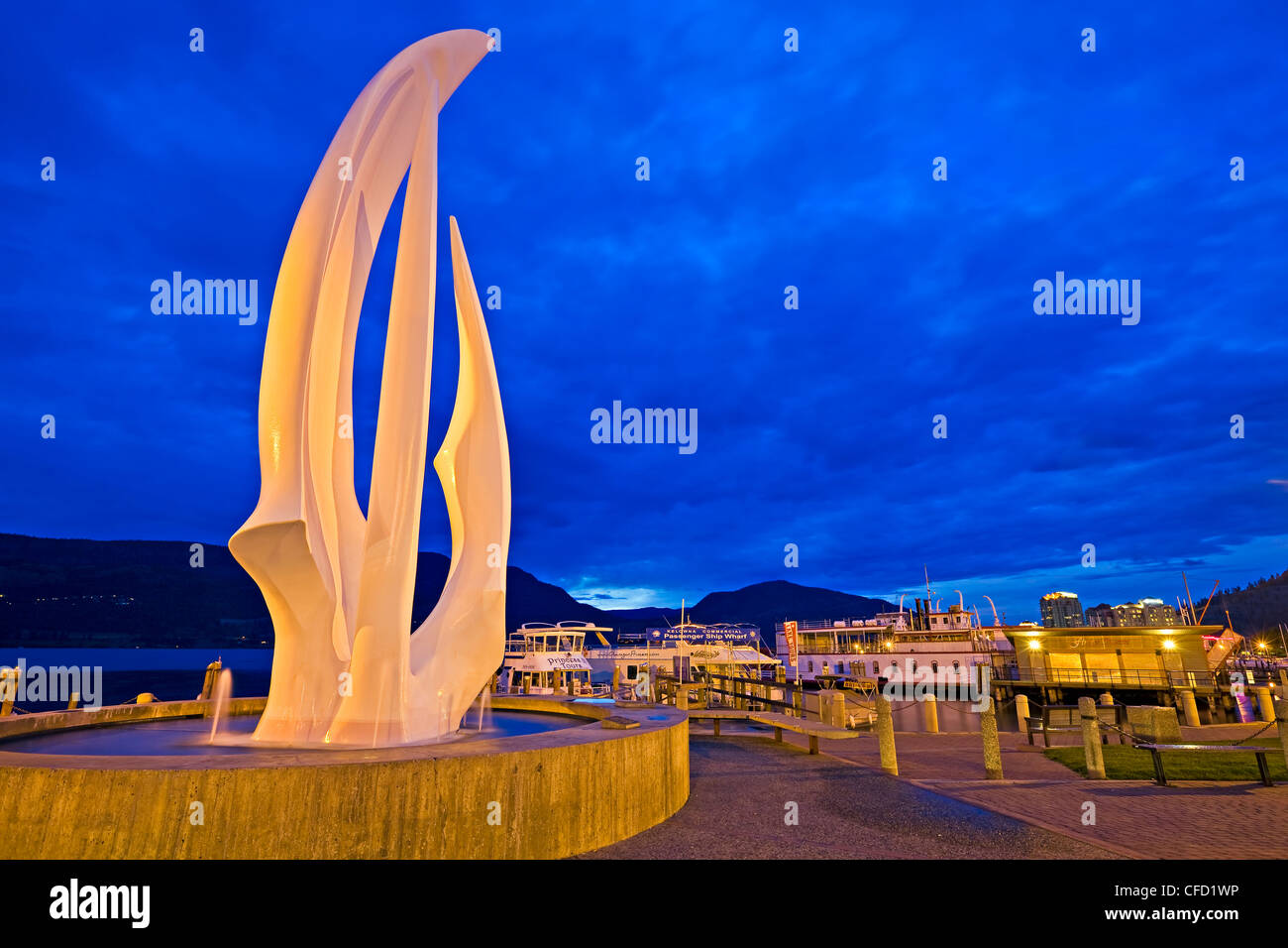 KelownSails sculpture fountain City Park along Stock Photo