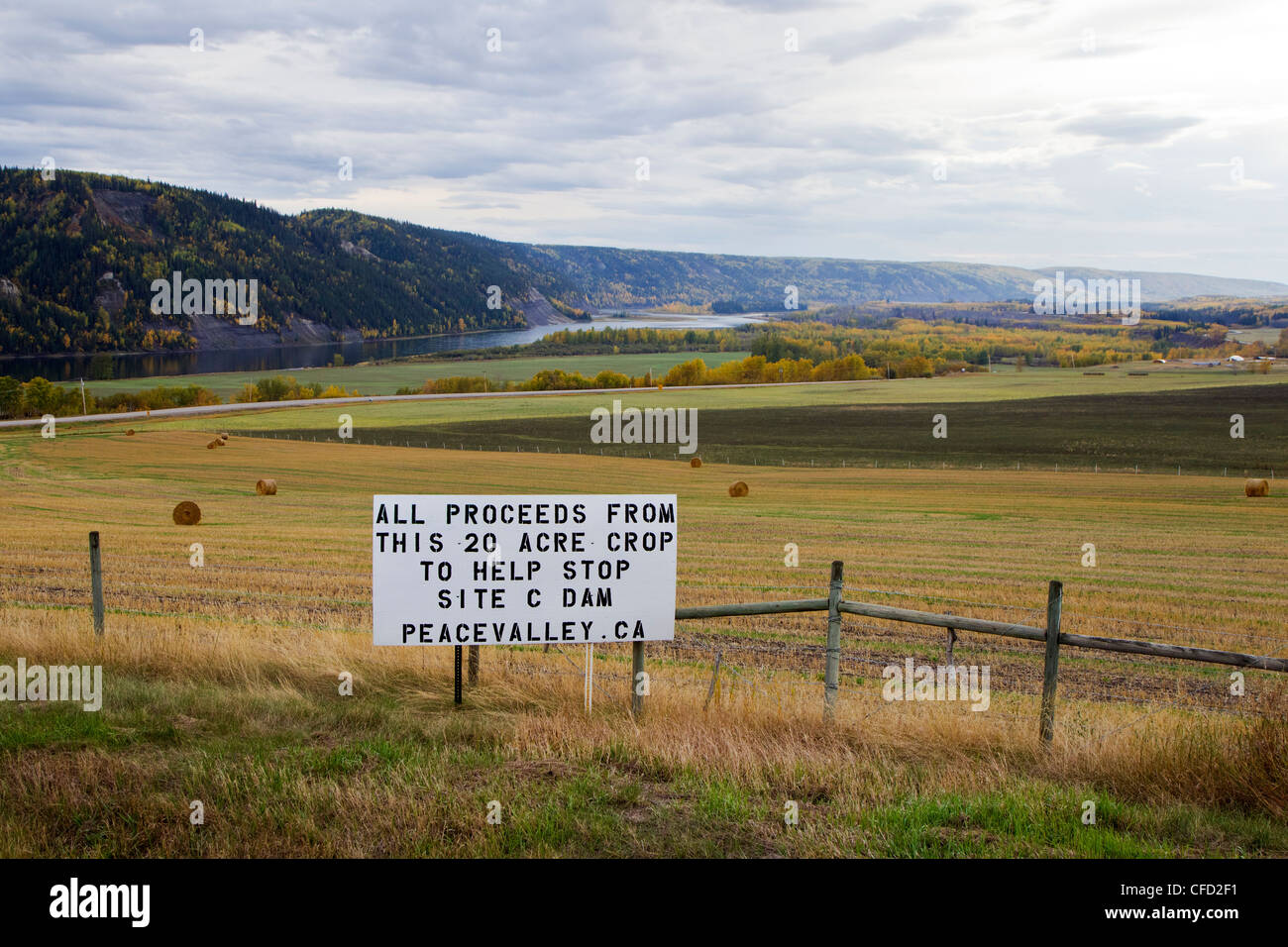 Sign protesting Site C dam proposed for the Peace River, along Highway 29 in the Peace Valley, British Columbia, Canada Stock Photo