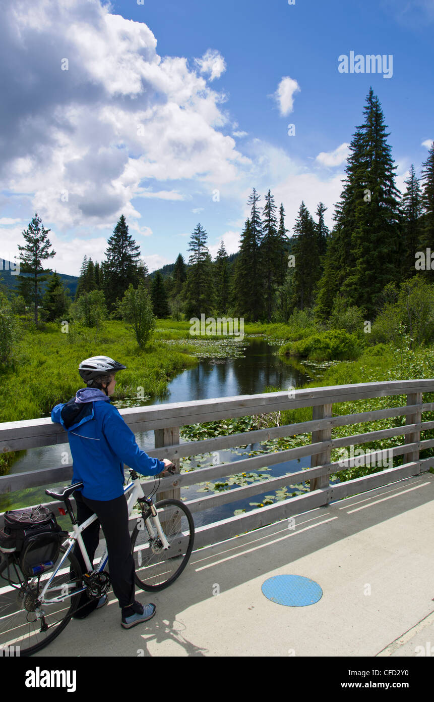 Woman cyclist pauses on brodge over River of Golden Dreams, Whistler, British Columbia, Canada Stock Photo