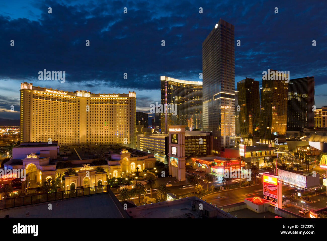 Night panorama of new hotels, Las Vegas Boulevard South, The Strip, Las Vegas, Nevada, USA Stock Photo