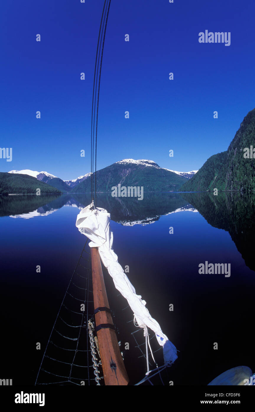 ecotour vessel Duen bowsprit, Fiordland Recreational area, Central Coast along Inside Passage, British Columbia, Canada. Stock Photo