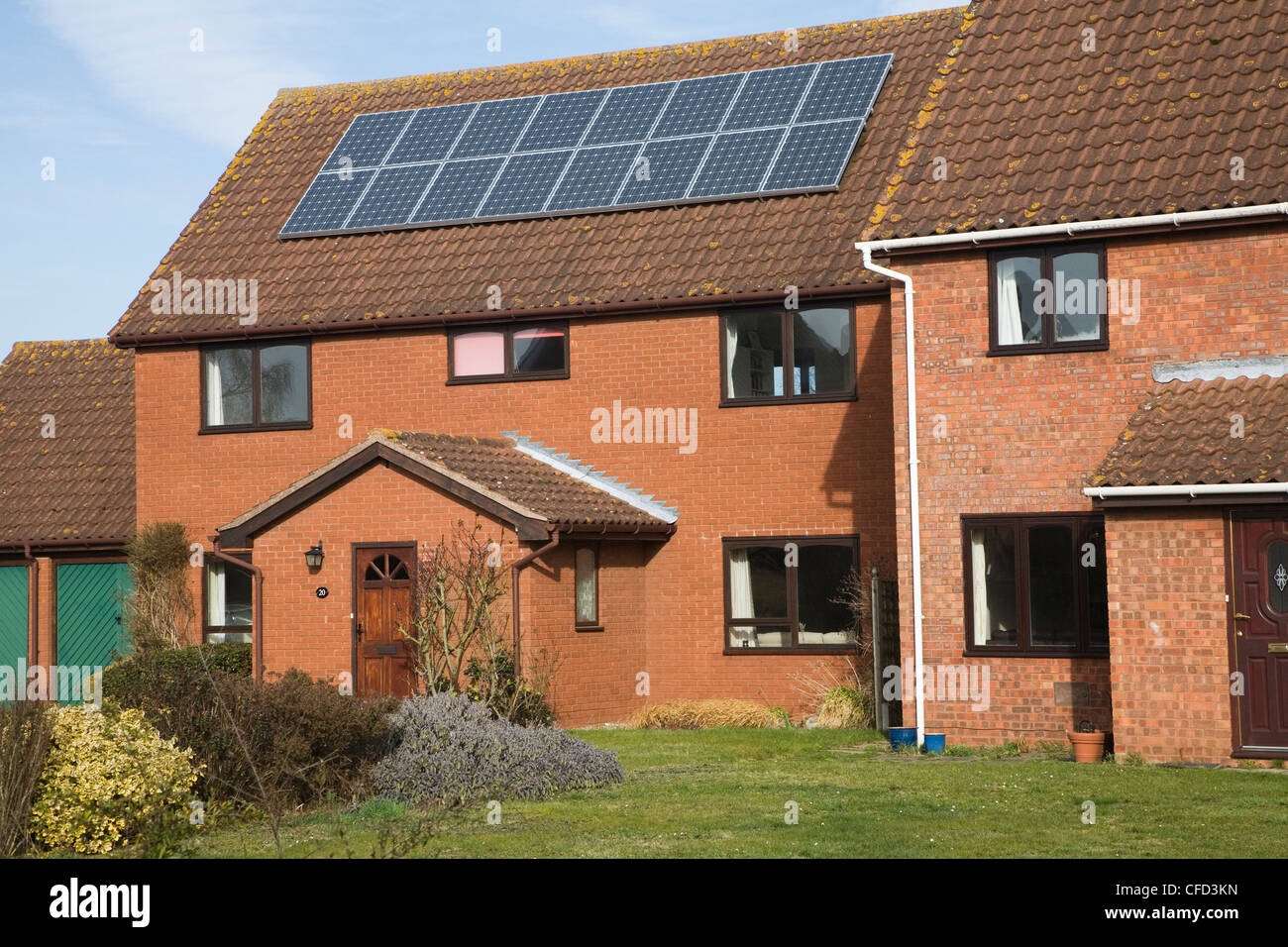 Solar panels of roof domestic property, Martlesham, Suffolk, England Stock Photo