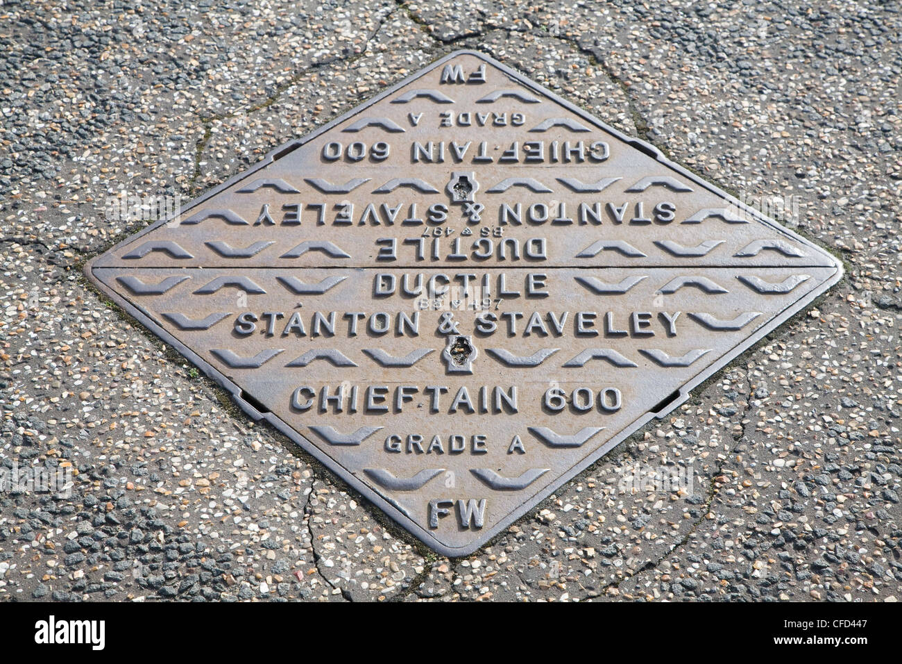 Iron manhole cover tarmac road Stock Photo