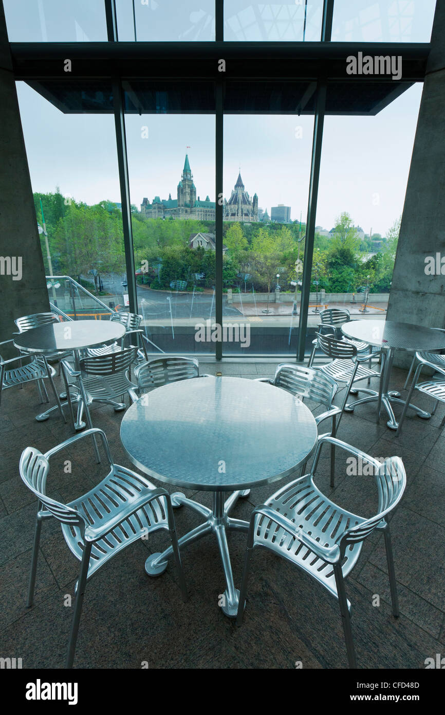 Parliament Buildings viewed through window from the National Gallery of Canada, Ottawa, Ontario, Canada Stock Photo
