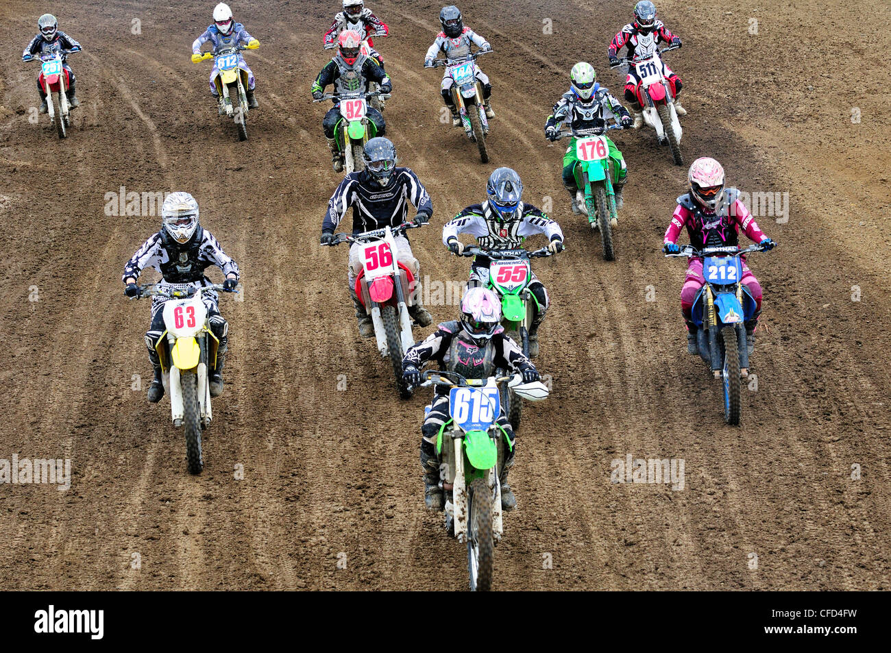 The start of a motocross race at the Wastelands track in Nanaimo, British Columbia, Canada. Stock Photo