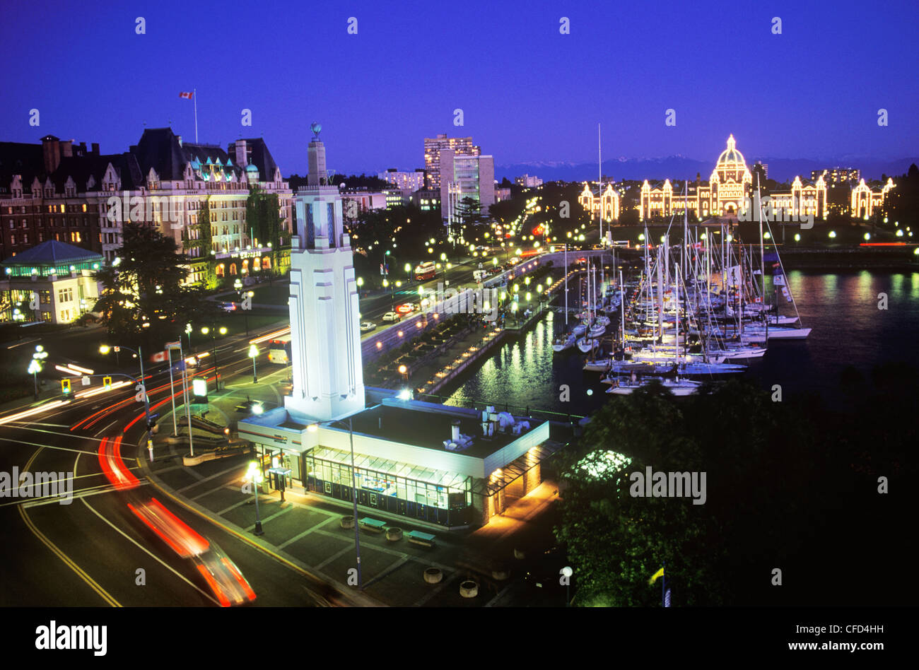 Inner harbour at dusk, wide view, Victoria, Vancouver Island, British Columbia, Canada. Stock Photo