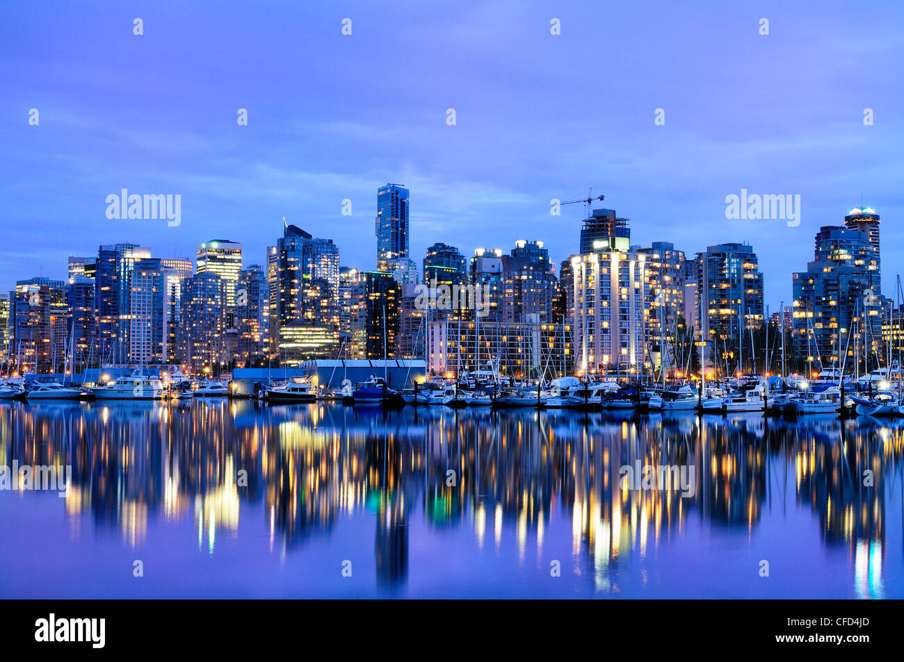 Some buildings downtown and the marina in Coal Harbour in Vancouver