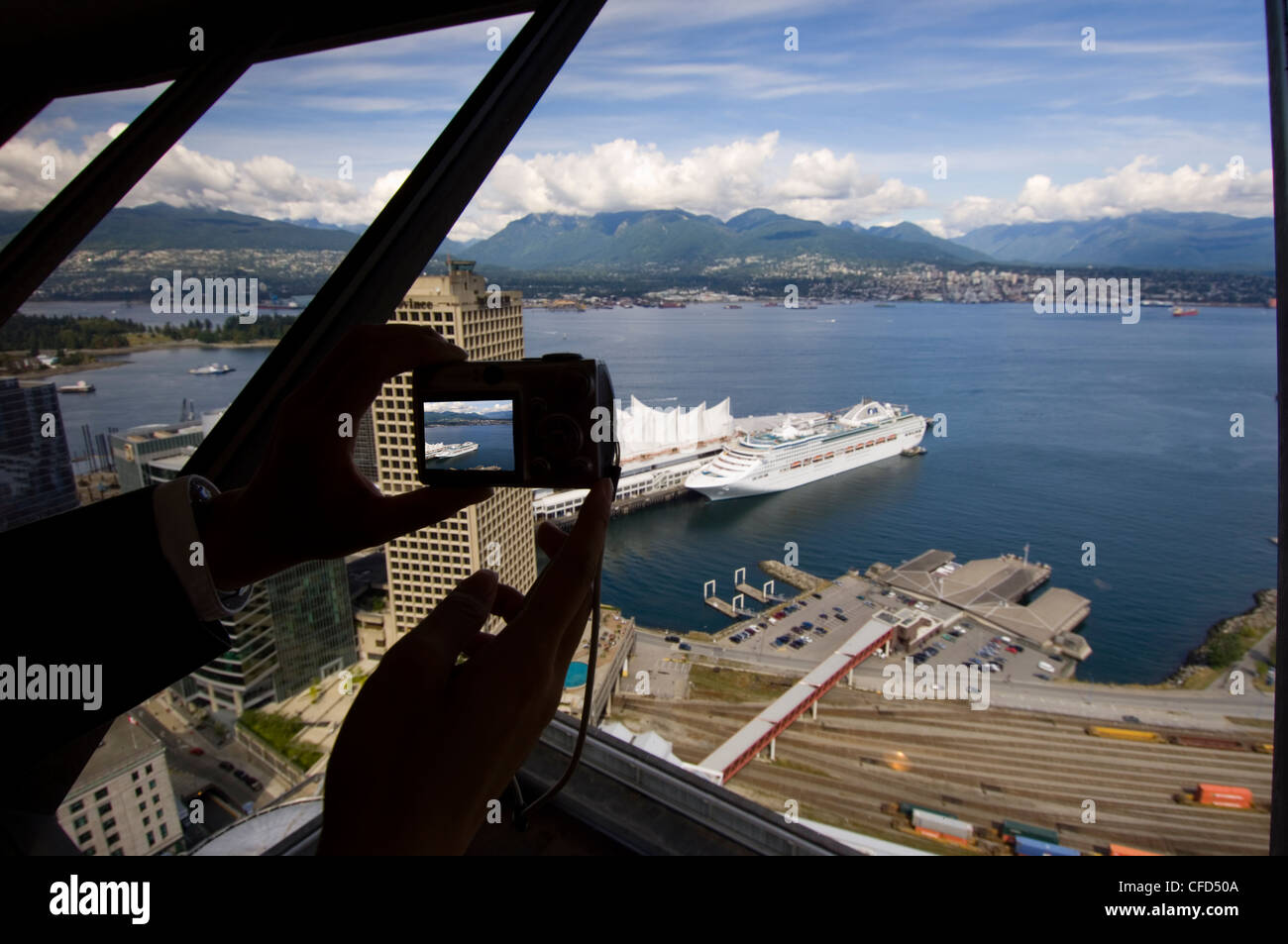 Looking down on the Port of Vancouver and Canada Place, Vancouver, British Columbia, Canada. Stock Photo