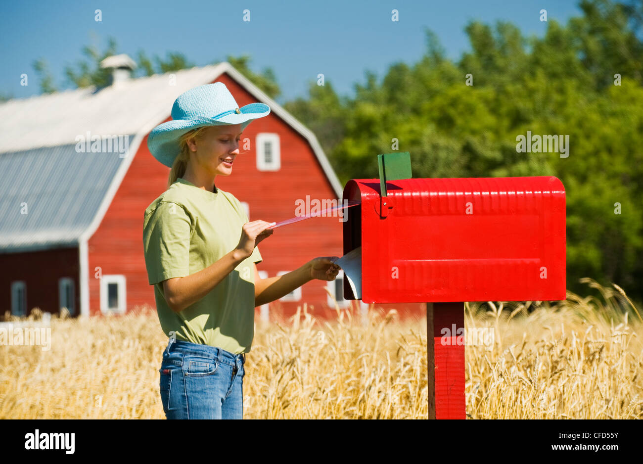 A girl checks a rural mailbox in front of a farmyard and spring wheat field, Grande Pointe, Manitoba, Canada Stock Photo