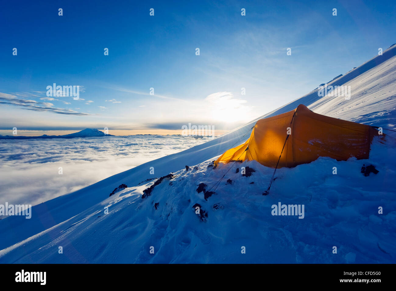 Tent on Volcan Cotopaxi, 5897m, highest active volcano in the world, Ecuador, South America Stock Photo