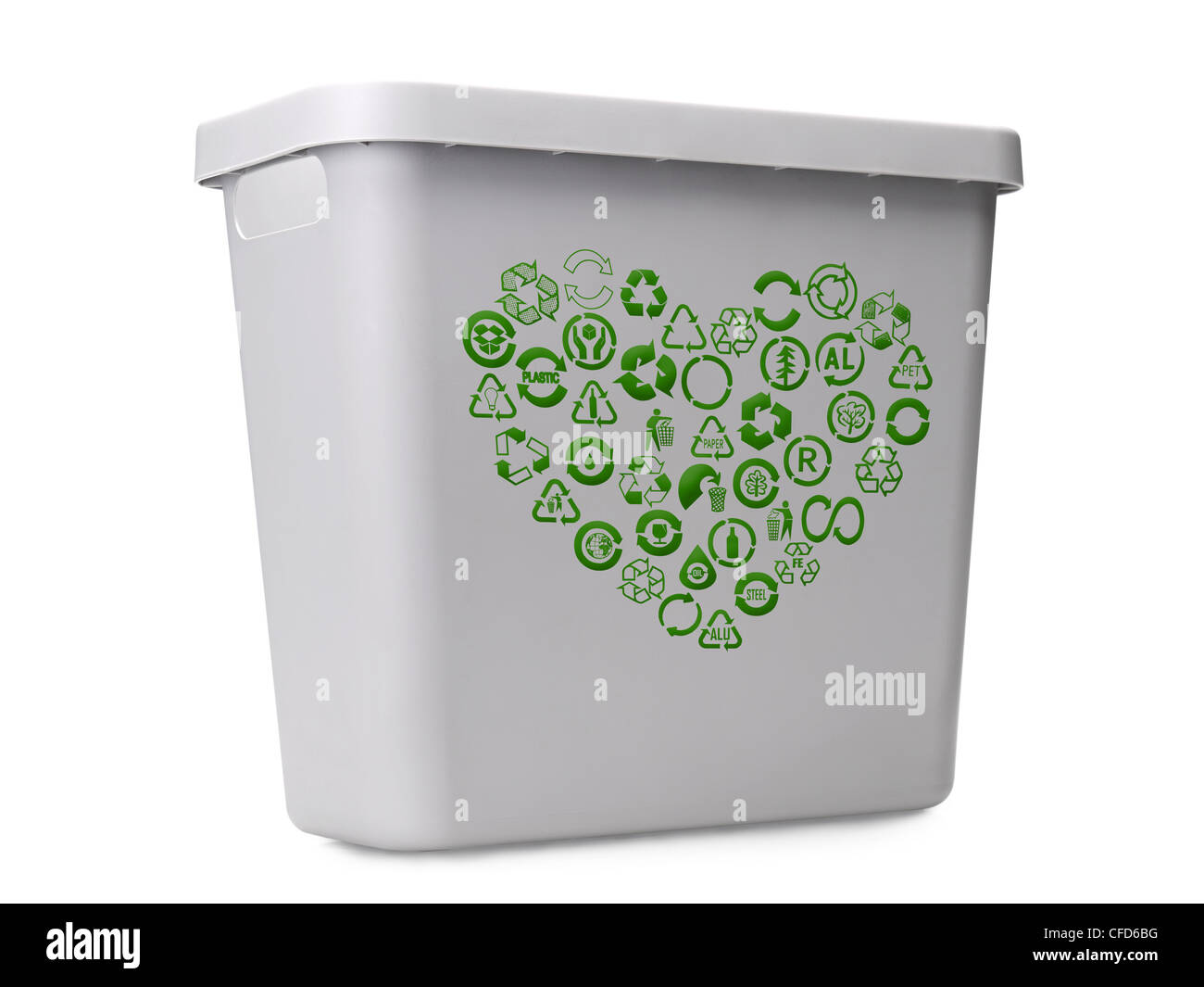 Empty gray plastic recycle bin with green recycle pictograms arranged into heart shape over white background Stock Photo