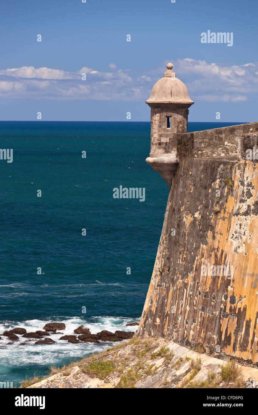 OLD SAN JUAN, PUERTO RICO - Sentry box overlooking harbor at Castillo San Felipe del Morro, historic fortress. Stock Photo