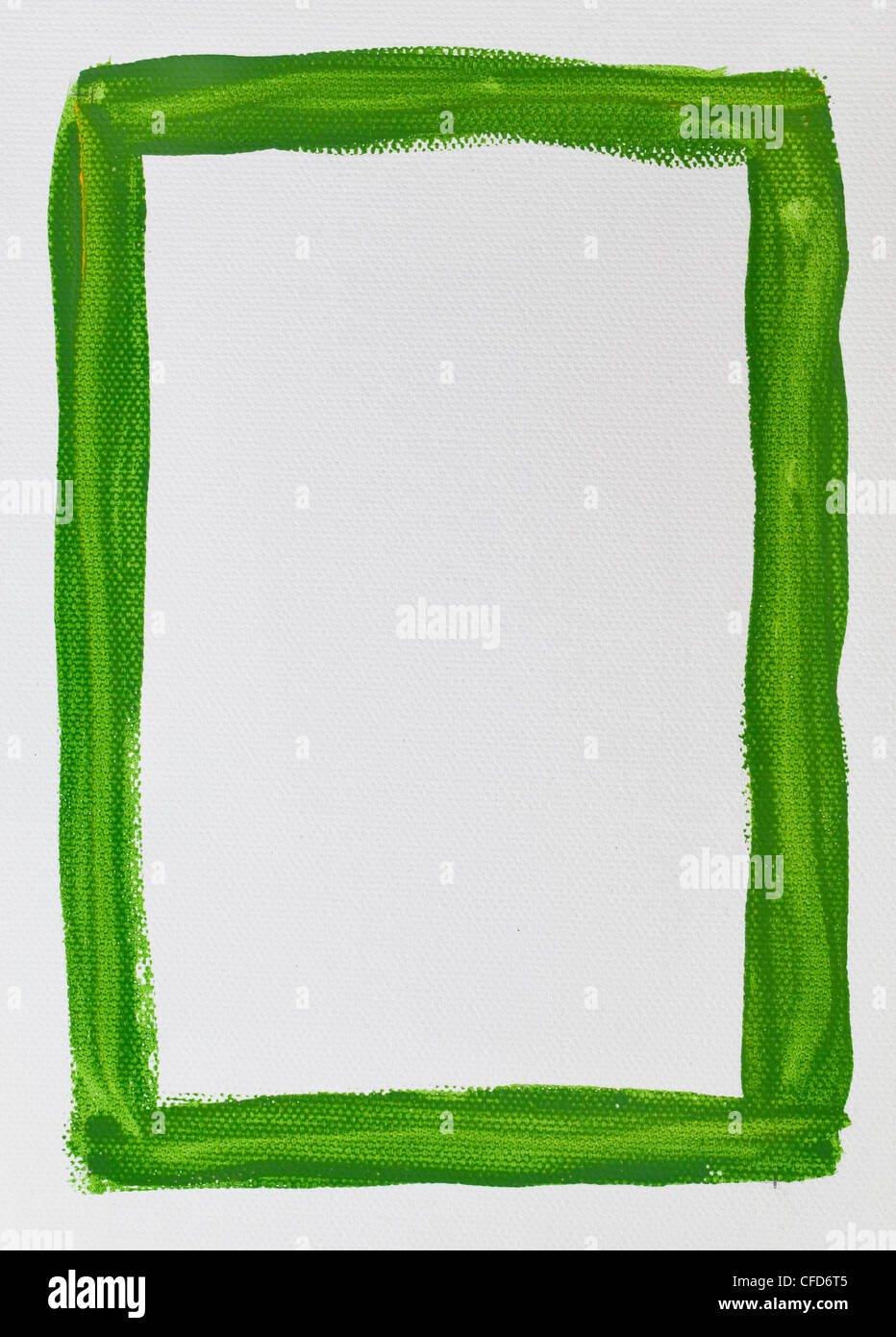 hand painted green watercolor frame (border) surrounding white blank rectangle on artist canvas with a coarse texture Stock Photo