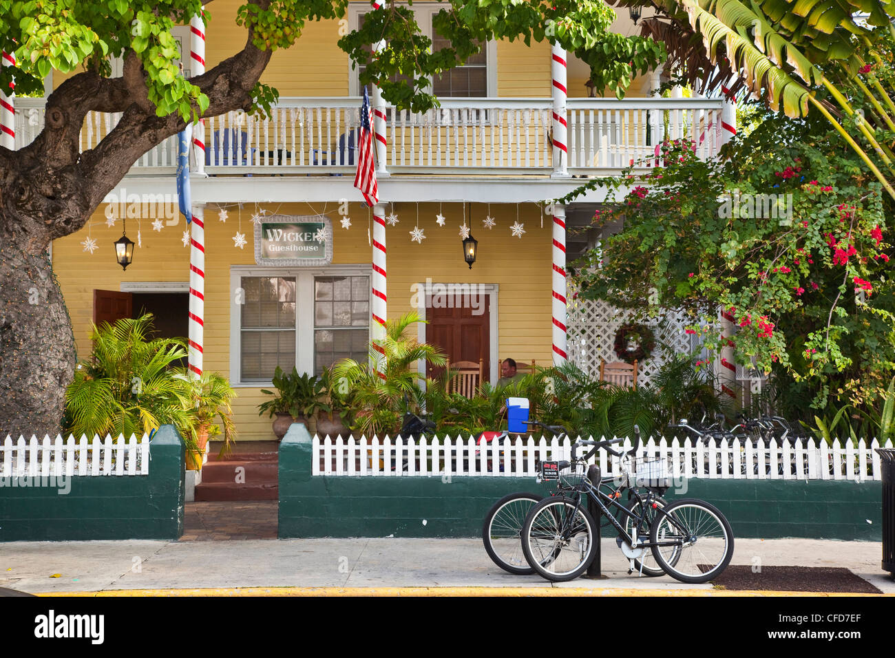 Portico of a quaint guesthouse on Duval Street in the old district of Key West, Florida, United States of America. Stock Photo