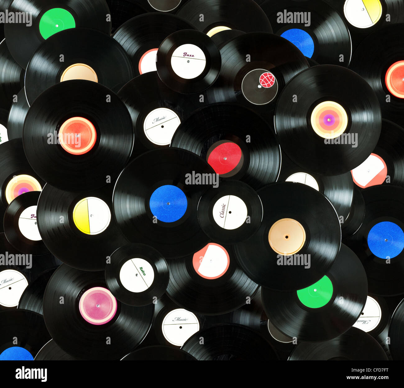 Abstract music colorful background made of vintage vinyl records, isolated  over white background, all labels designed by myself Stock Photo - Alamy