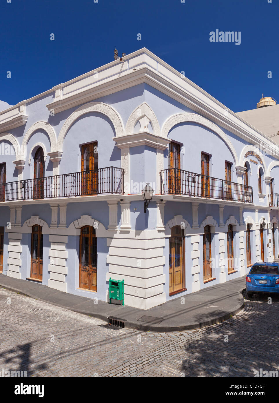 OLD SAN JUAN, PUERTO RICO - Historic building with balconies on Calle de Tetuan. Stock Photo