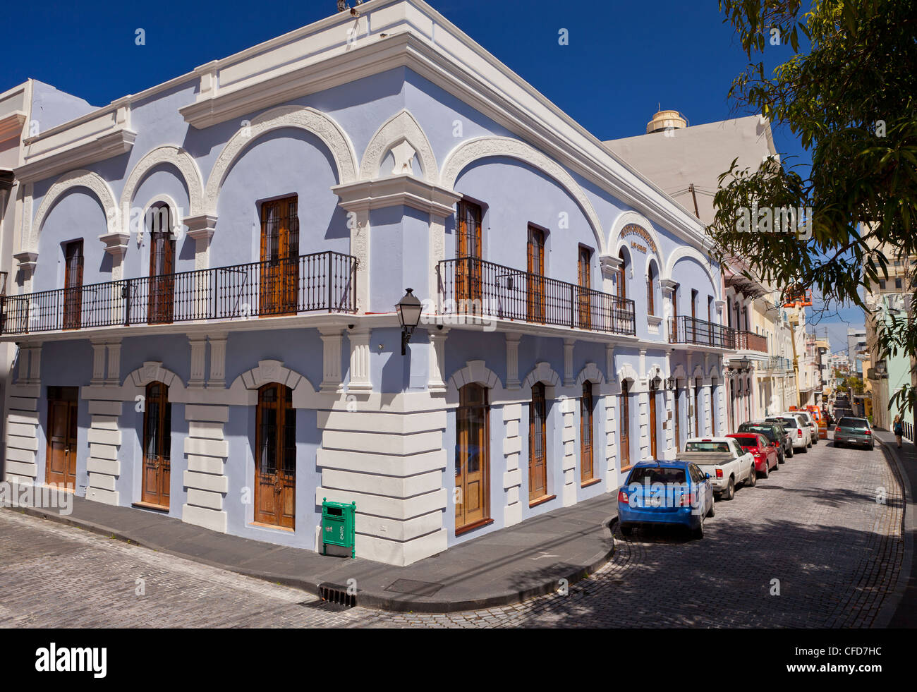 OLD SAN JUAN, PUERTO RICO - Historic building with balconies on Calle de Tetuan. Stock Photo