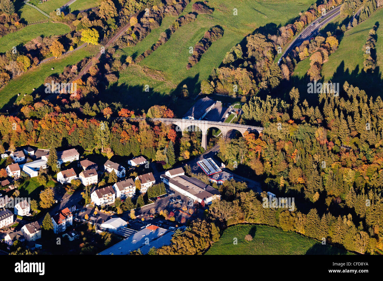 Aerial view of the town of Daun with railway viaduct, Daun, Rhineland Palatinate, Germany, Europe Stock Photo