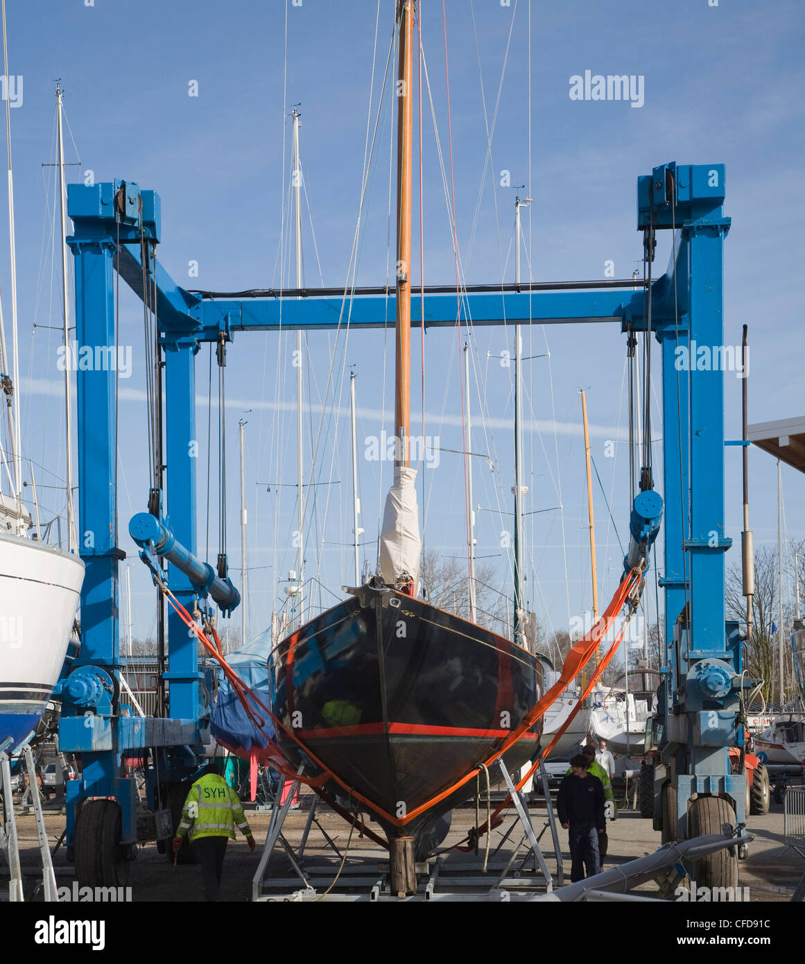 Boatyard and boat crane Levington marina, Suffolk Stock Photo Alamy