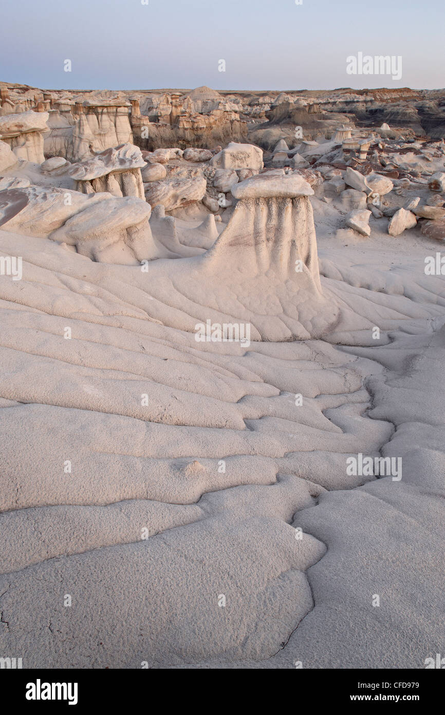 Hoodoos and erosion drainage, Bisti Wilderness, New Mexico, United States of America, Stock Photo