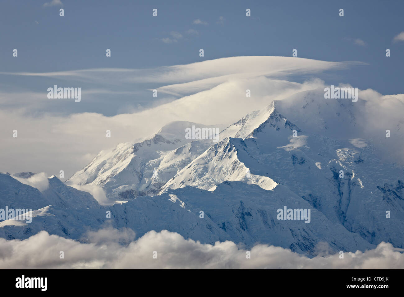 Mount McKinley among clouds, Denali National Park and Preserve, Alaska, United States of America, Stock Photo