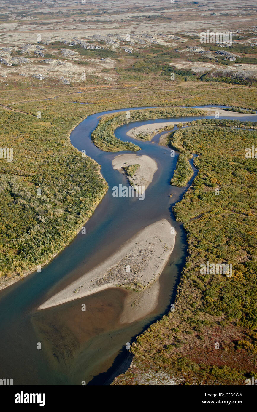 River and sandbars through the tundra in the fall, Katmai Peninsula, Alaska, United States of America, Stock Photo