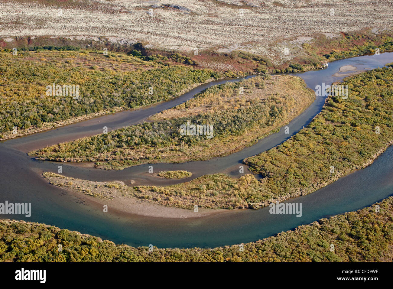 River through tundra in the fall, Katmai Peninsula, Alaska, United States of America, Stock Photo