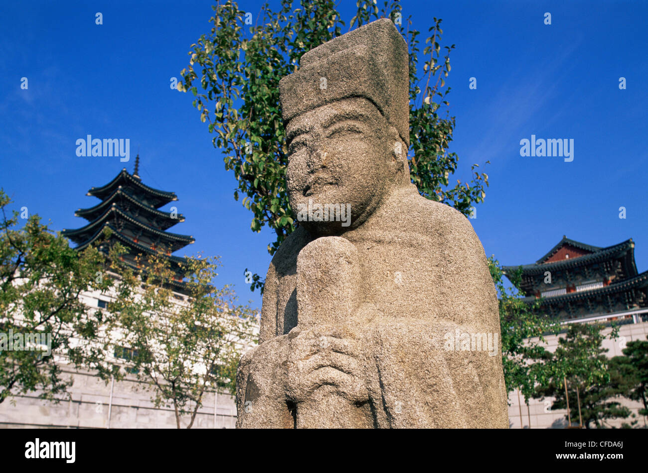 Korea, Seoul, Gyeongbokgung Palace, National Folk Museum, Ancient Korean Stone Statues Stock Photo
