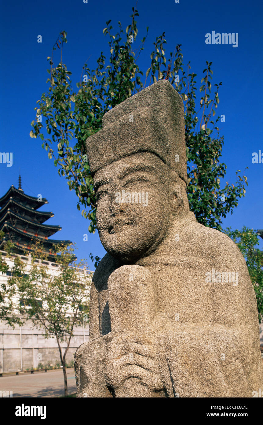 Korea, Seoul, Gyeongbokgung Palace, National Folk Museum, Ancient Korean Stone Statues Stock Photo