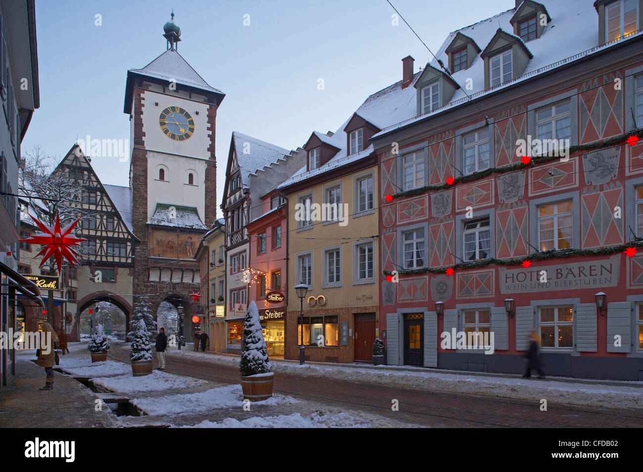 Schwabentor, Freiburg, Evening, Snow, Black Forest, Baden Wuerttemberg, Germany, Europe Stock Photo