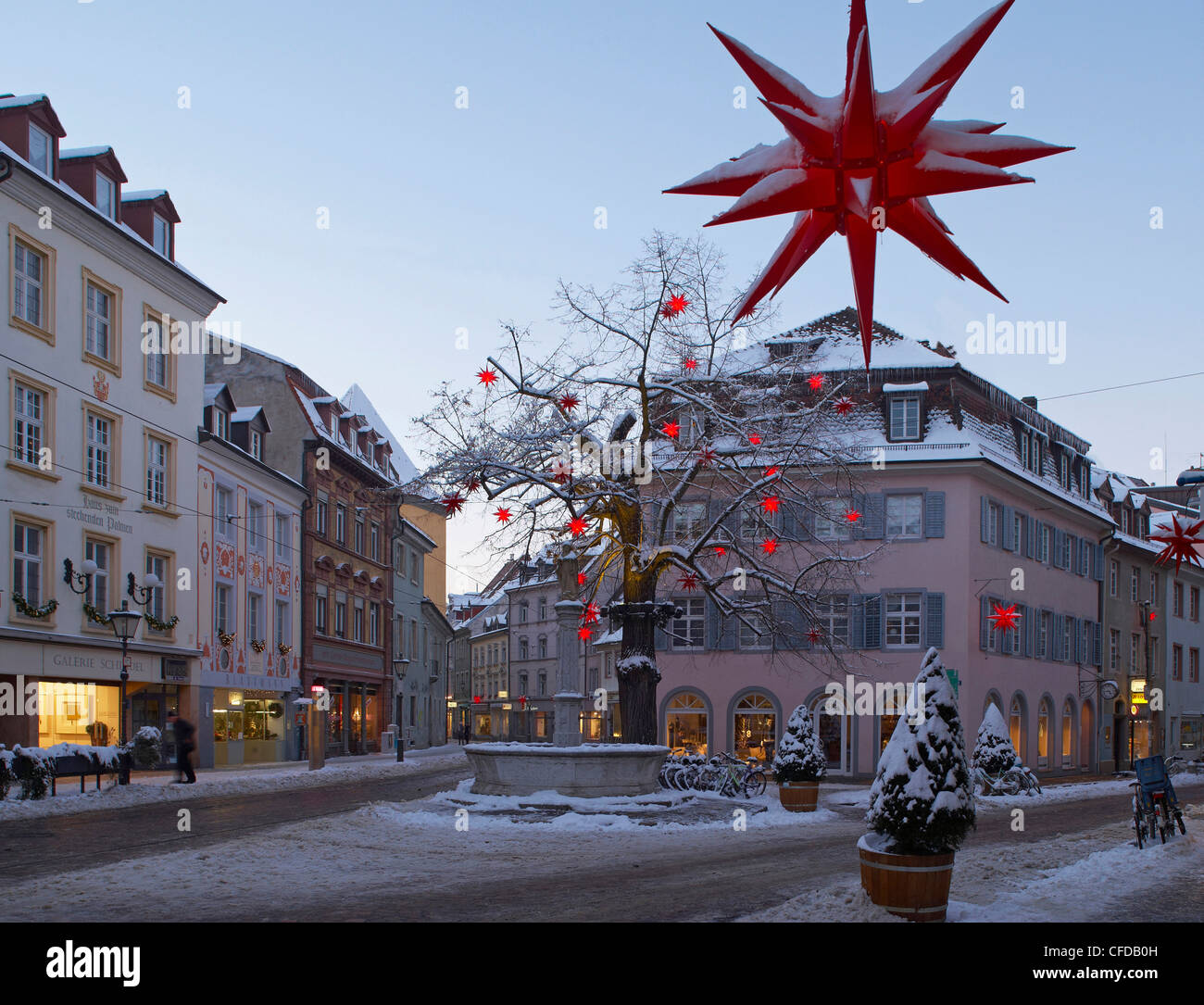 Oberlinden, Freiburg, Evening, Snow, Black Forest, Baden-Wuerttemberg, Germany, Europe Stock Photo