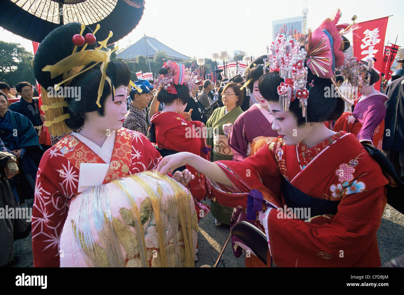 Japan, Honshu, Tokyo, Geishas at Jidai Matsuri Festival at Sensoji Temple Asakusa Stock Photo