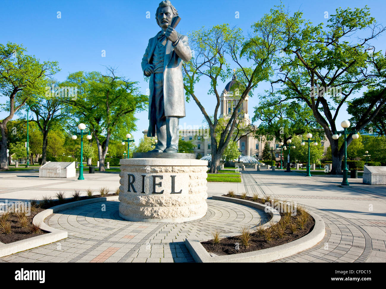 Louis Riel Statue on the Legislative Building grounds, Winnipeg, Manitoba, Canada Stock Photo