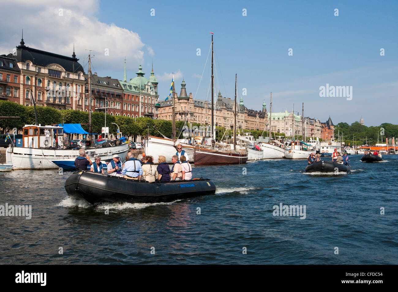 Zodiac excursion from cruiseship MS Deutschland (Reederei Peter Deilmann) through Stockholm canals, Stockholm, Sweden Stock Photo