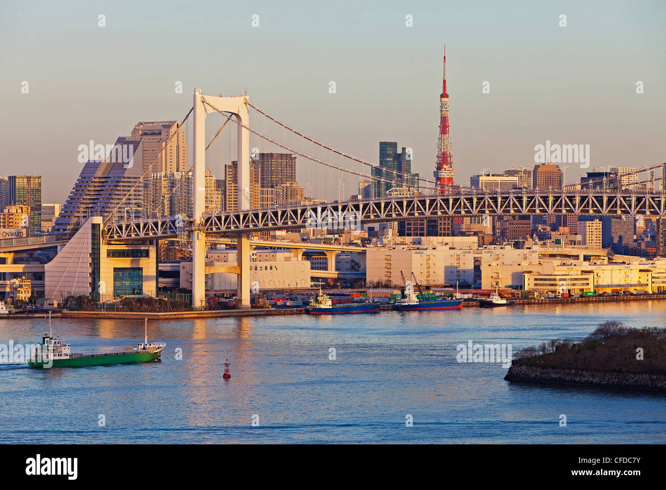 City skyline,the Rainbow Bridge and Tokyo Tower, Odaiba, Tokyo Bay, Tokyo, Honshu, Japan, Asia Stock Photo