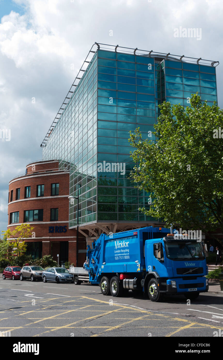 A Viridor rubbish collection lorry parked outside the Royal Bank of