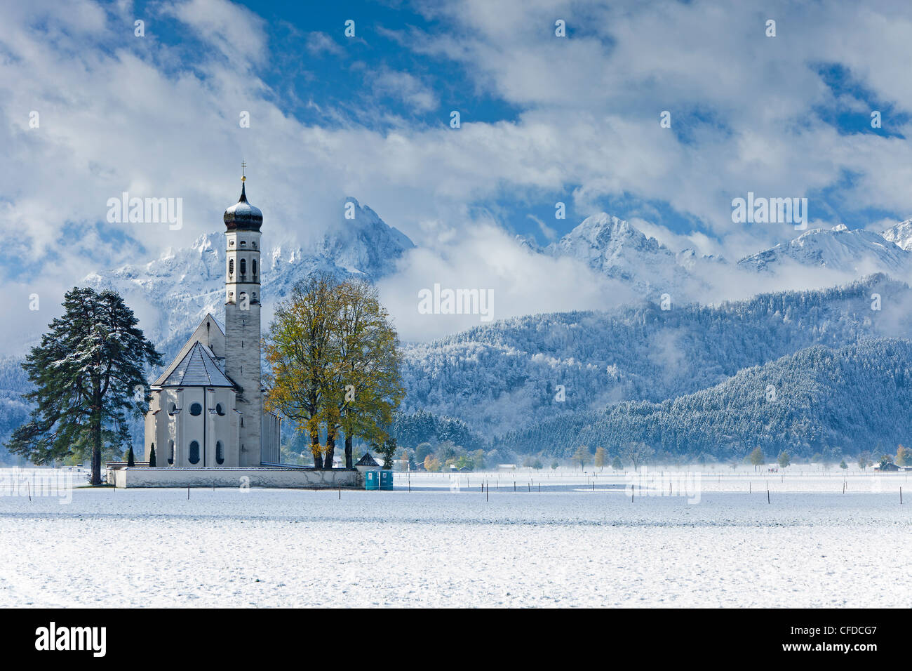 St. Coloman Church in winter, Oberbayern, Bavaria, Germany, Europe Stock Photo