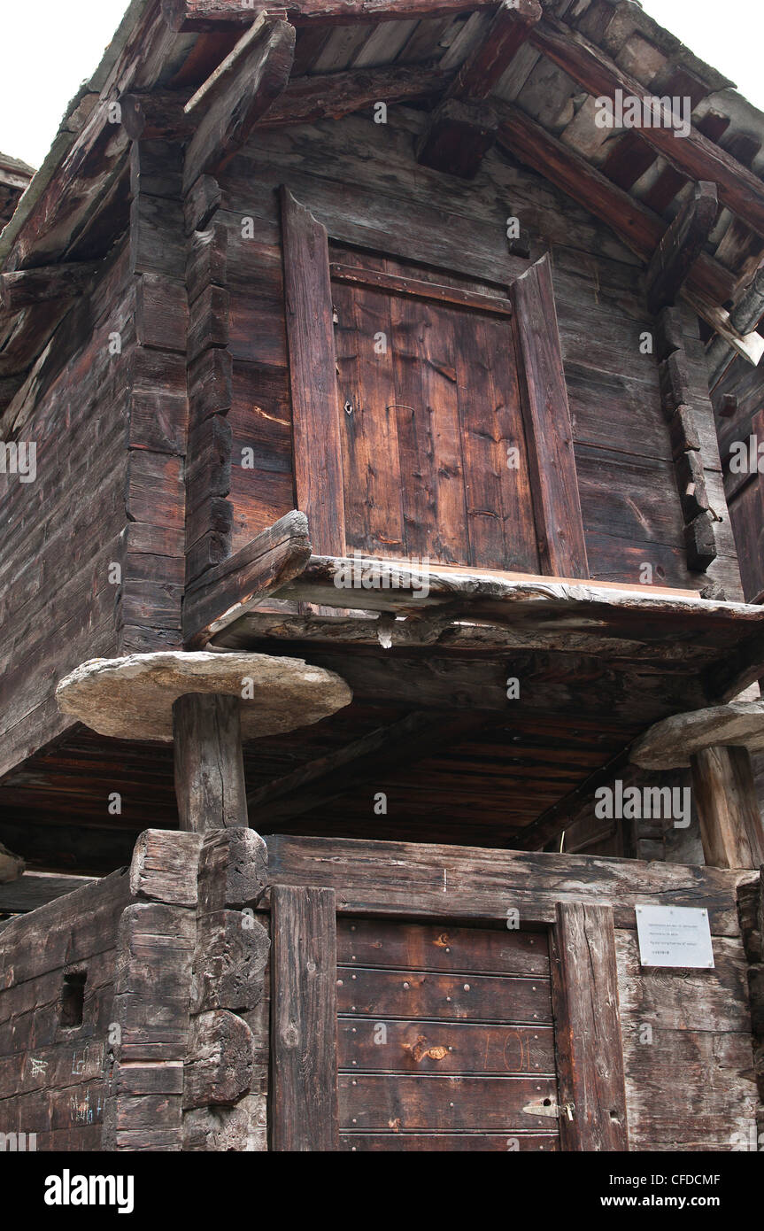 Historic district of Zermatt with old houses, Zermatt, Switzerland, Europe Stock Photo