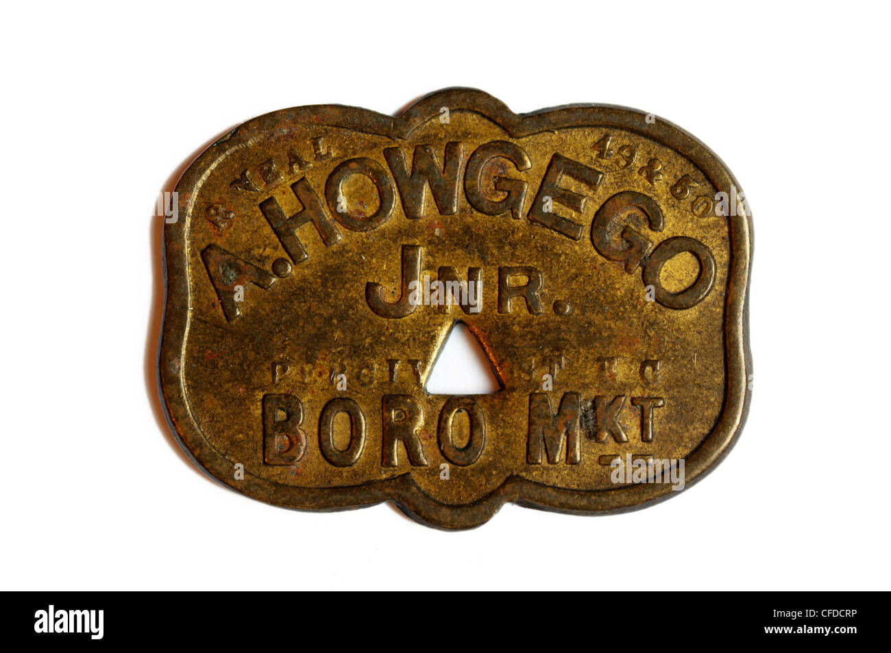 A market token, used by A. Howgego Jnr. of Borough Market.  SEE DESCRIPTION FOR DETAILS. Stock Photo