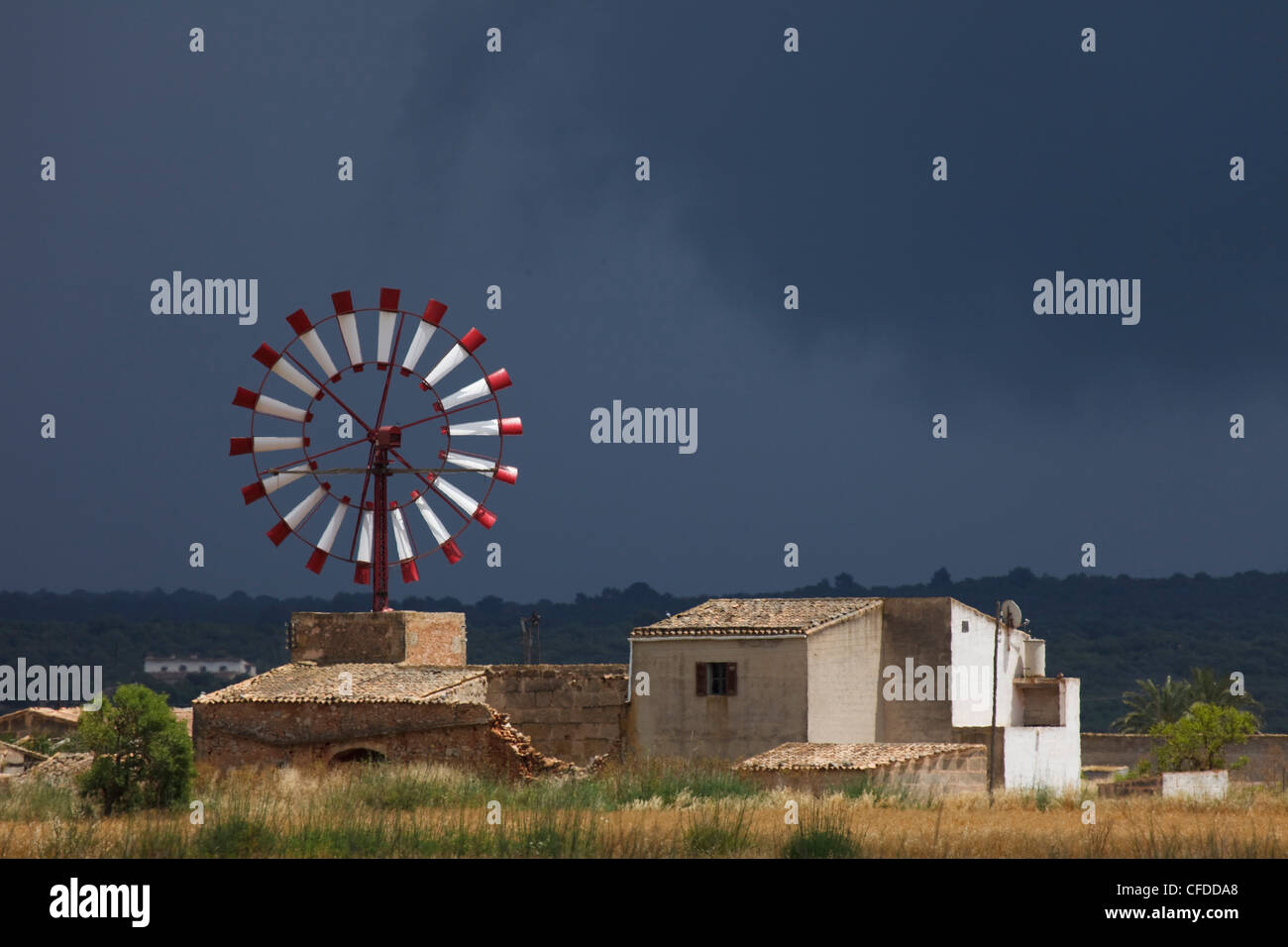 Wind wheel, cottage, near Campos, Mallorca, Balearic Islands, Spain, Europe Stock Photo