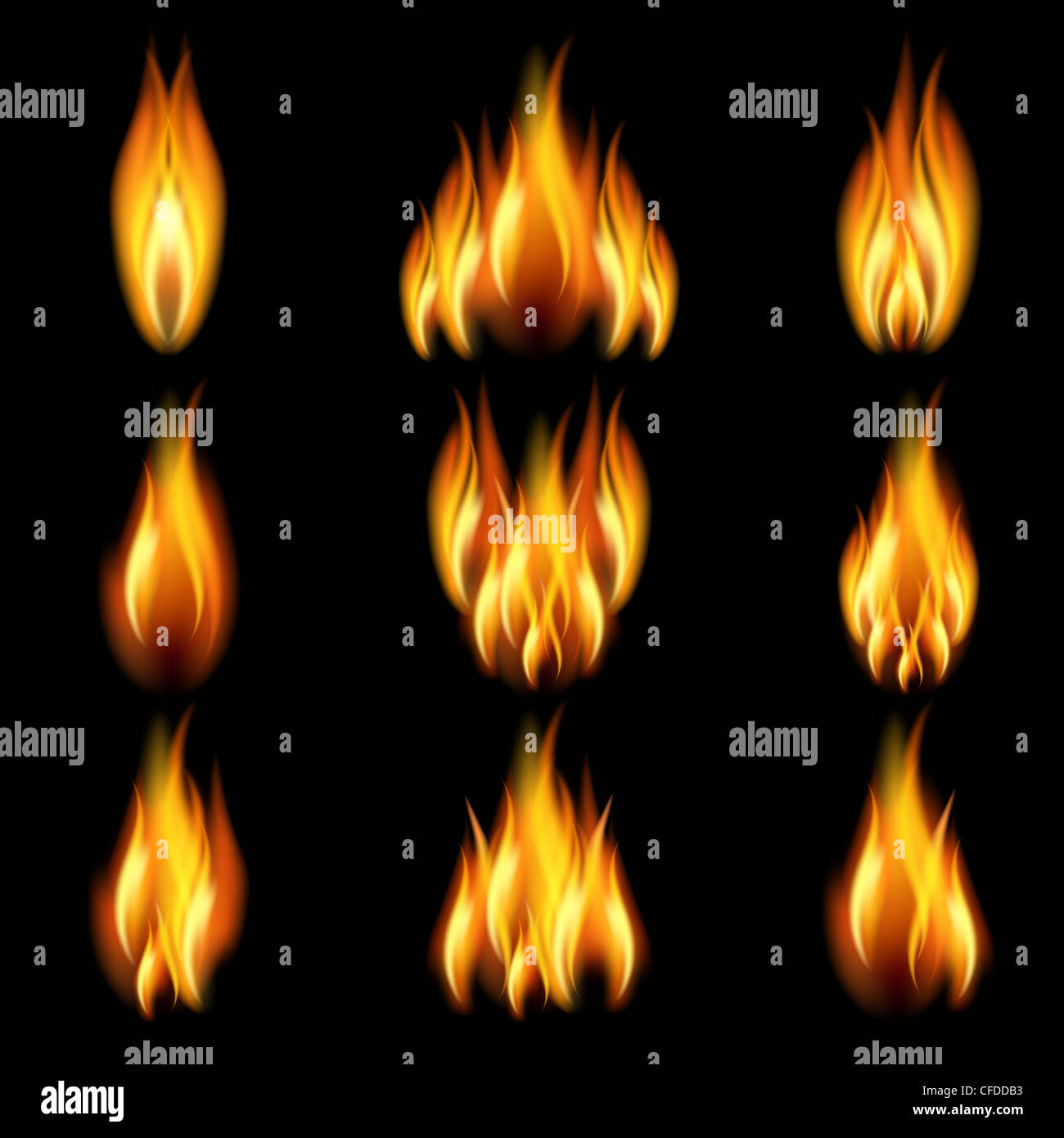 Flames of different shapes on a black background. Stock Photo
