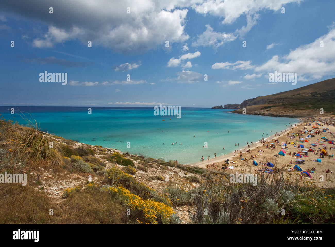 People on the beach in a bay, Cala Mesquida, Mallorca, Balearic Islands, Spain, Europe Stock Photo