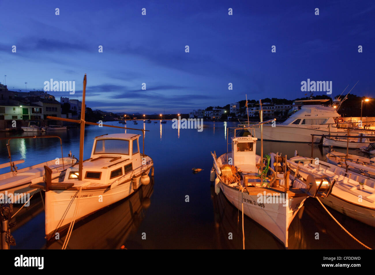 Boats at harbour in the evening, Porto Petro, Mallorca, Balearic Islands, Spain, Europe Stock Photo