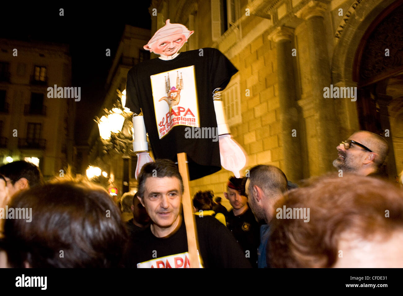 Pope Benedict XVI doll in a protest and demonstration against the Pope's visit in Barcelona. Stock Photo