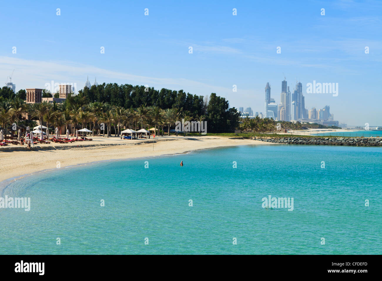 Jumeirah Beach looking towards the tall buildings of Dubai Marina, Dubai, United Arab Emirates, Middle East Stock Photo
